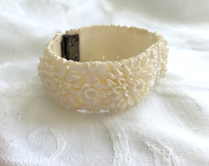 Celluloid Clamper Bracelet, Ivory Wedding Cake, Celluloid Flowers, Bride Wedding, Plastic Jewelry