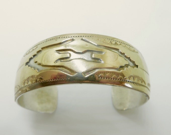 Navajo Cuff Bracelet, Gold Plated Sterling Silver, Signed John Mike, Vintage Navajo Jewelry