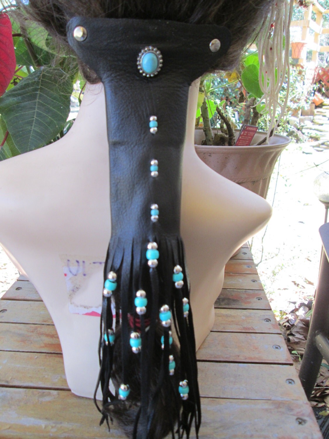 Leather Ponytail WrapBlack Deerskin Motorcycle Biker