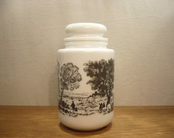 Vintage 1970s white glass storage jar with black landscape design all round