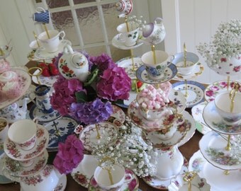 Fairy tale Wedding Cake Stand Centerpiece Pink Pastel Teapot Cup Stack Mad Hatter Unique and Quirky