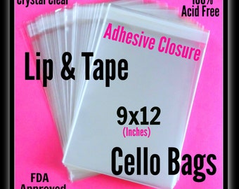 100 ( 9 x 12 ) Lip and Tape Cello Bags .. Adhesive / Self Seal, Cello Bags 9x12, Cello Bag Prints, Cello Bag Art, Large Clear Cello Bags