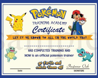 INSTANT DL- Pokemon certificate- Printable digital file birthday party pokemon Go diploma