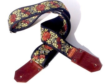The Jasper Guitar Strap - Black Floral Red roses yellow with green leaf, custom cognac leather ends in Nylon or Hemp guitar accessorie