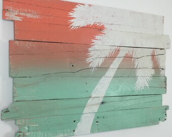 Beach Decor Palm Tree on Sunset Over Turquoise Sea Tropical Wall Hanging Right Lean 32 x 21
