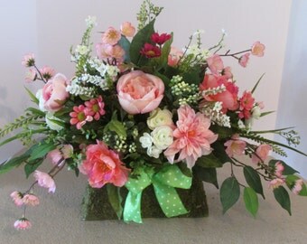 Spring/Summer Moss Purse Floral Arrangement, Shades of Pink And Coral Floral Design in a Moss Purse, Mother's Day Gift