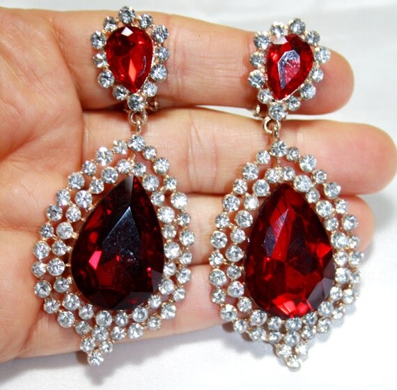 Red Chandelier Clip On Earrings Rhinestone Austrian Crystal