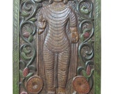 Vintage Zen Carved Wood Wall Sculpture Abhaya Buddha Colorful Asian Door Panels