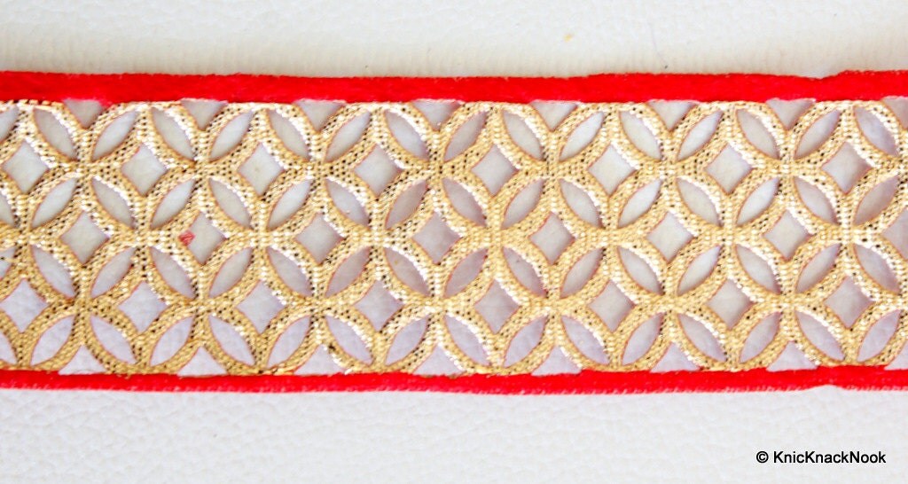 Red And Gold Cut Work Fabric Trim, Approx. 40mm wide 140316L5 from
