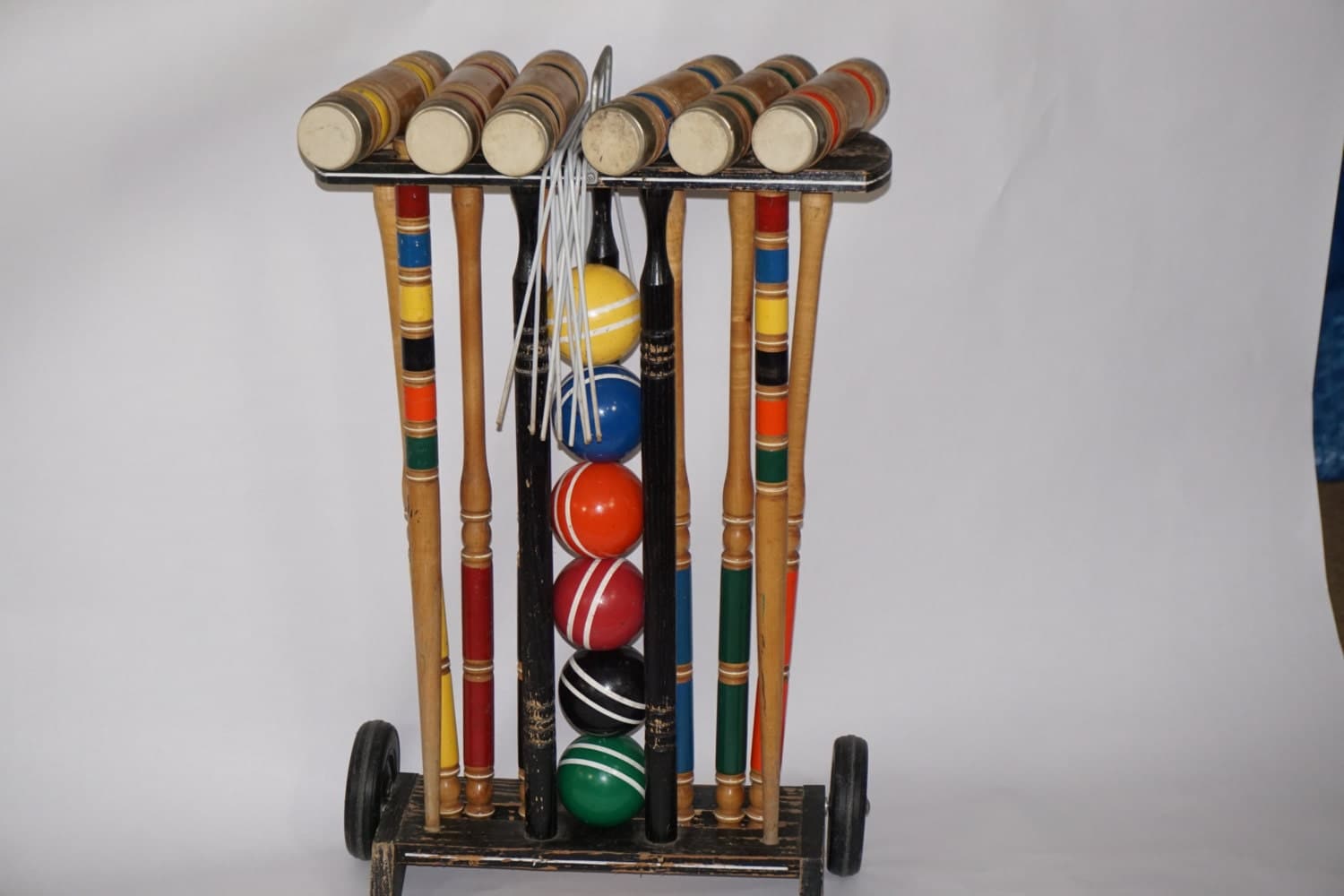 CROQUET Set on Wheeled Cart 6 Player Vintage Wooden Croquet