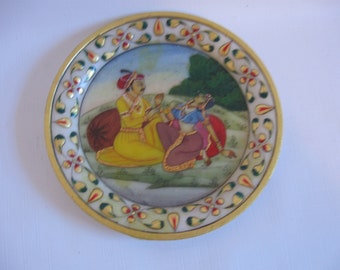 Alabaster Medallion - Kama Sutra - Indian Couple -Hand Painted Love Scene