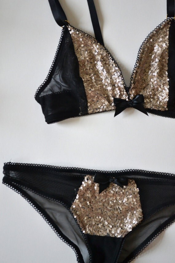 Esme Sequin and Black Mesh Bralette and Panty by FeatherRed