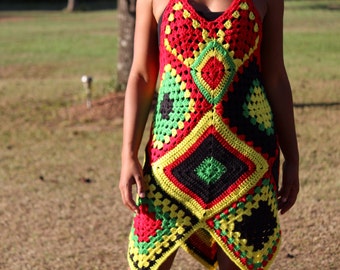 Red, Yellow, Black, and Green Rasta Granny Square Dress - Beach Dress - Swimsuit Cover-up