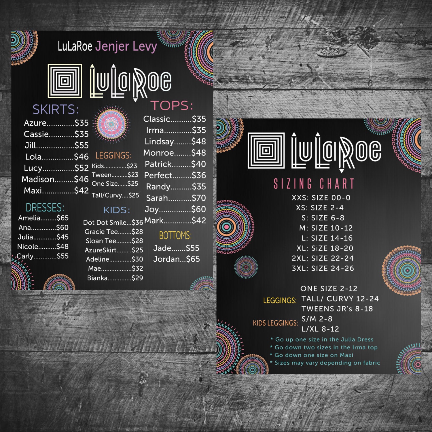 LuLaRoe Sizing and pricing chart New by MichelleRayeDesigns