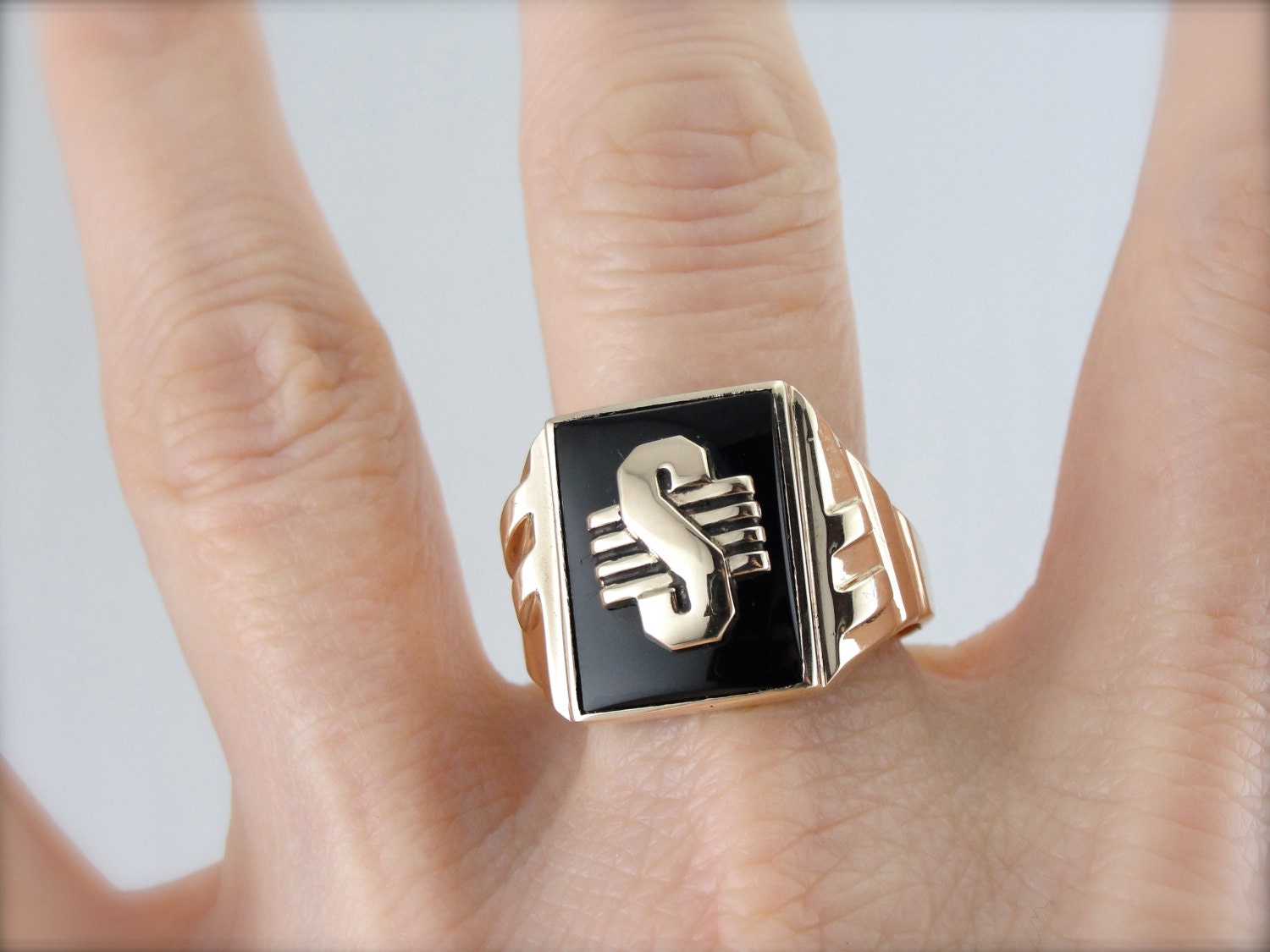 S Initial and Black Onyx Men's Ring Retro Era Fun by MSJewelers