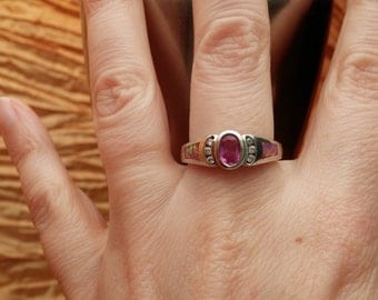 Fire Opal, Garnet and CZ Sterling Ring Size 8