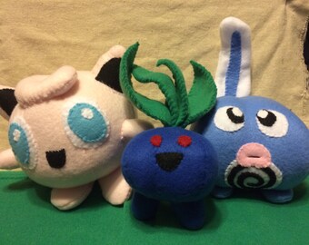 Pokemon plush, custom pokemon, jigglypuff plush, oddish plush, polywag plush.