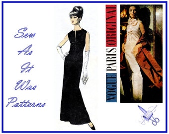 1960s Vogue Paris Original 1341 Nina Ricci Evening Formal Dress Sleeveless Collarless Neck Slit Bow Vintage Sewing Pattern Size 12 Bust 32