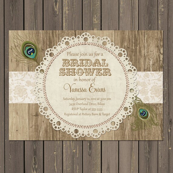 Peacock Bridal Shower Invitation, Peacock Feather Shower Invitation, Rustic Bridal Shower Invite with Lace Doily, Printable or Printed Il_570xn