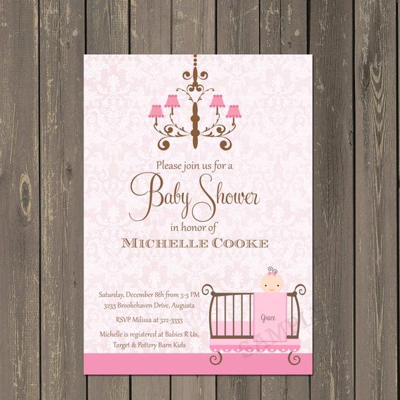 Chandelier Baby Shower Invitation, Pink Damask Baby Shower Invitation, Crib Baby Shower Invite, Printable or Printed Il_570xn