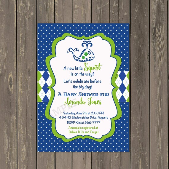 Whale Baby Shower Invitation, Preppy Whale Shower Invite, Little Squirt Invitation, Navy and Green Argyle, Polka Dot Il_570xn