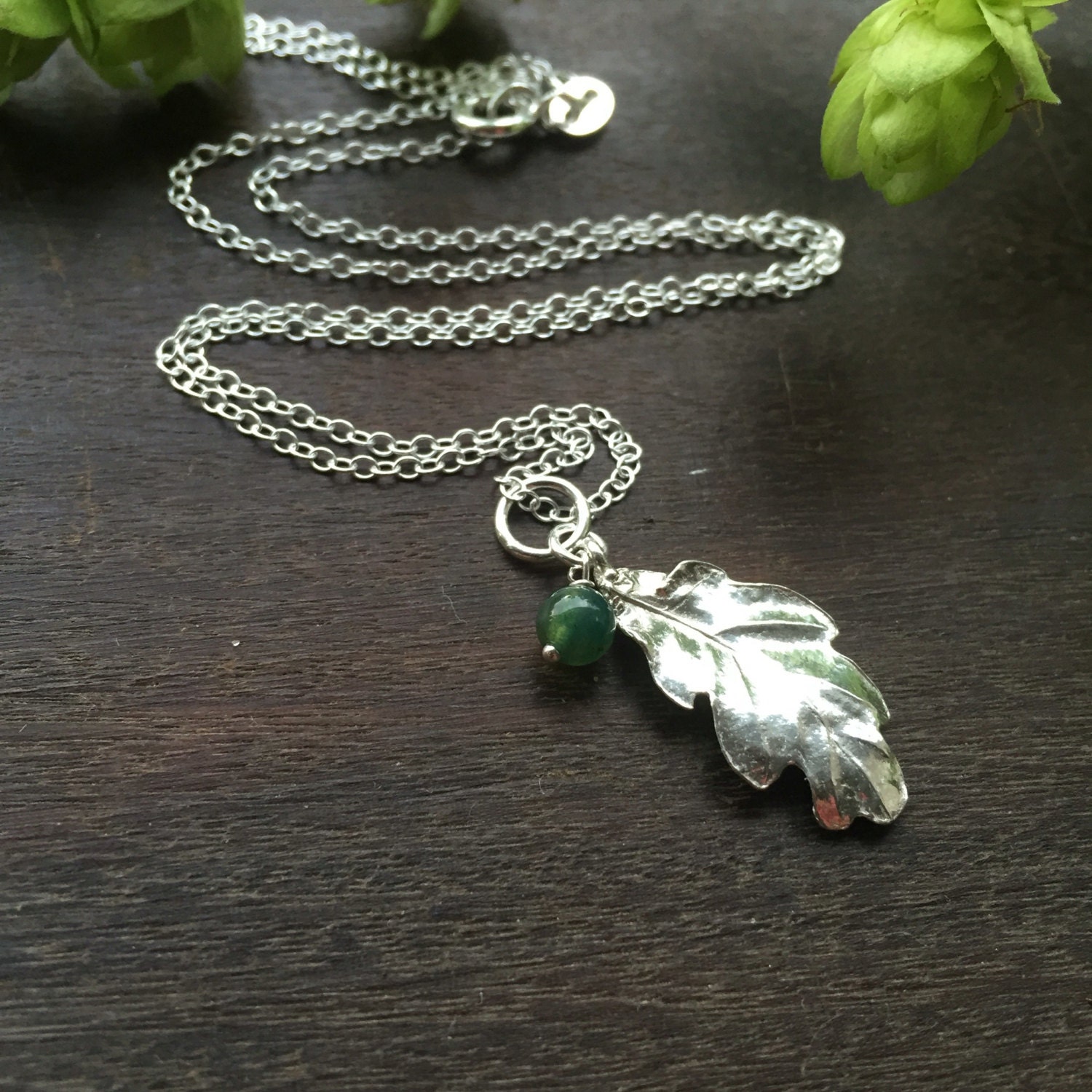 Sterling silver oak leaf necklace with green by GracieFloJewellery