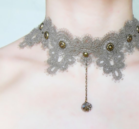 green/black lace pendant choker necklace - swarovski crystal beaded - bronze charms gothic victorian lace choker by LaceFancy steampunk buy now online