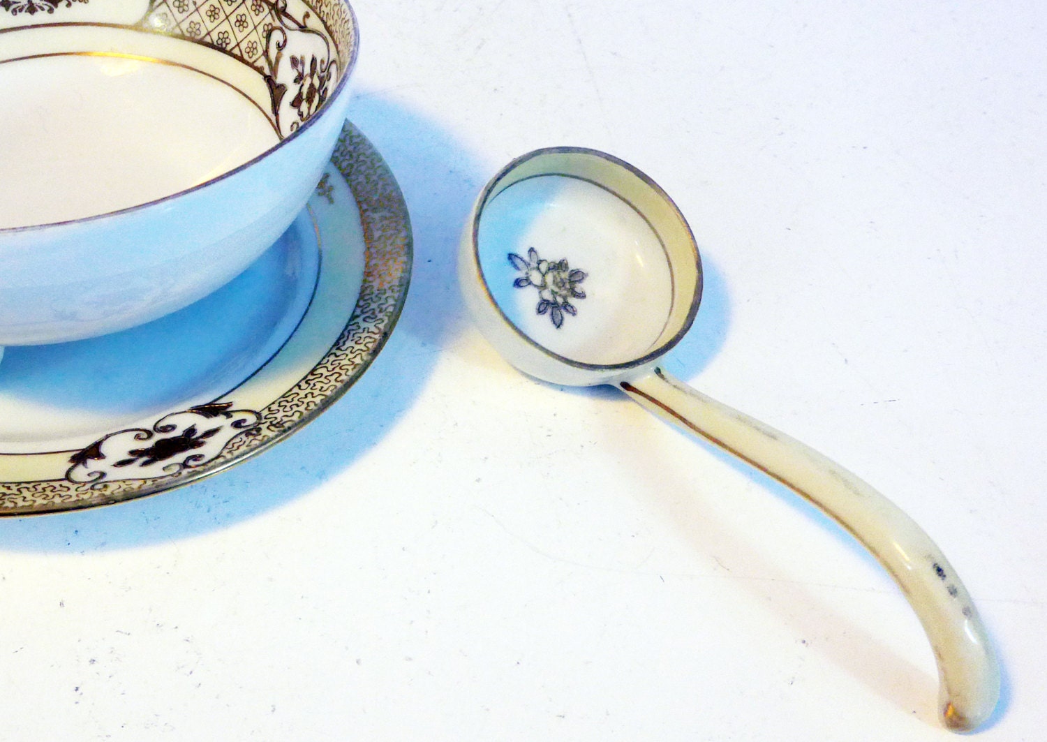 Antique Noritake Gravy Bowl w/ Ladle & Saucer Hand painted Ivory