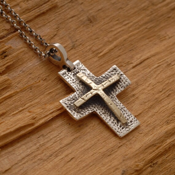 Mens Cross Necklace Sterling Silver & Gold Cross Double