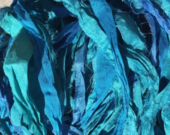 Lighter blues Recycled Sari Silk Ribbon - Fair Trade product