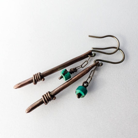 Long Turquoise Bead Copper and Sterling Silver Handmade Stick Earrings