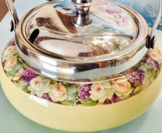 Sweetmeat Jar L & Sons Hanley England Silver Covered Sweet Meat Jar Art Deco 1920s Cottage Chic Home Decor Romantic Roses English Pottery