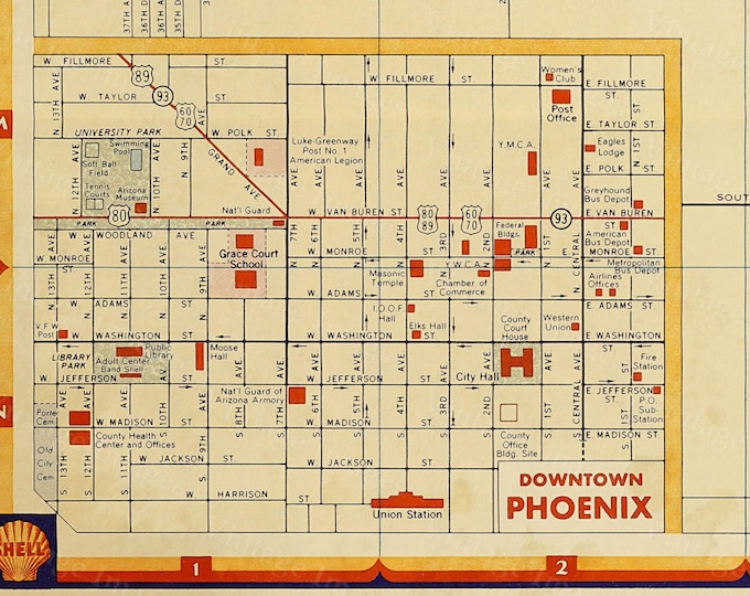 Old Phoenix Map Vintage Phoenix Arizona map Antique Restoration Hardware Style Map of Phoenix Arizona Wall Map Arizona Map Home decor art