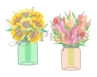 Watercolor Flower Mason Jar Clipart