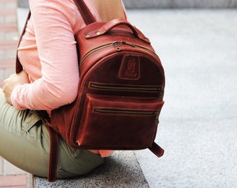 Leather Backpack Women/Cognac brown leather rucksack/genuine leather laptop for women /Gift for her /womens backpack/ Free personalization