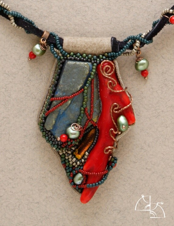 Legend of the Seas. Fantasy jewelry set, wonderful necklace and marine earrings with quartz, corals and pearls. Gift
