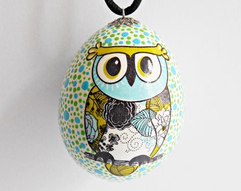 FREE SHIPPING, Handmade egg, Chicken egg shell, Easter home decorations, Easter decor, Owl, Pysanka, Pysanky, Turquoise, Green, Black, White