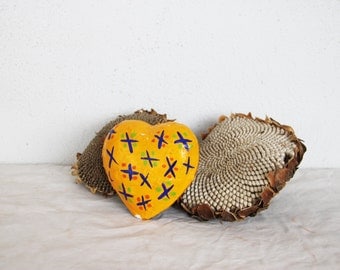 Vintage papier mache heart, yellow and blue paper heart for crafts and art projects, vintage supplies, colourful, two sided heart