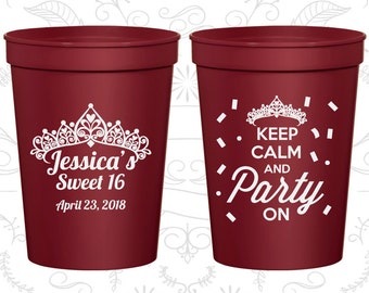 16th Party Favor Cups, Sweet 16 Party, Keep Calm and Party on, Party Favor Cups, Fun Birthday Cups (20140)