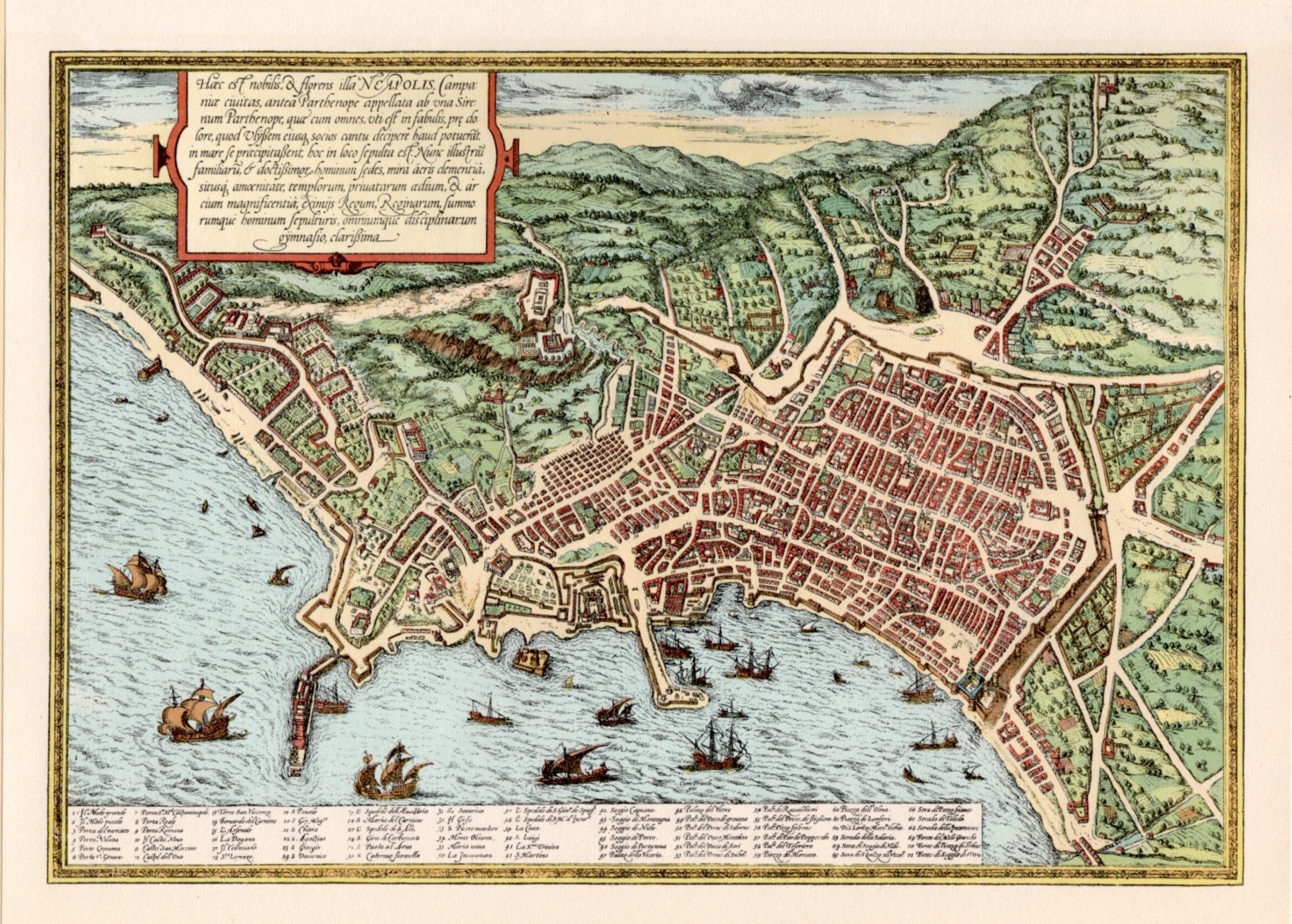 Naples Old City Map Print Bird's-eye View Illustration