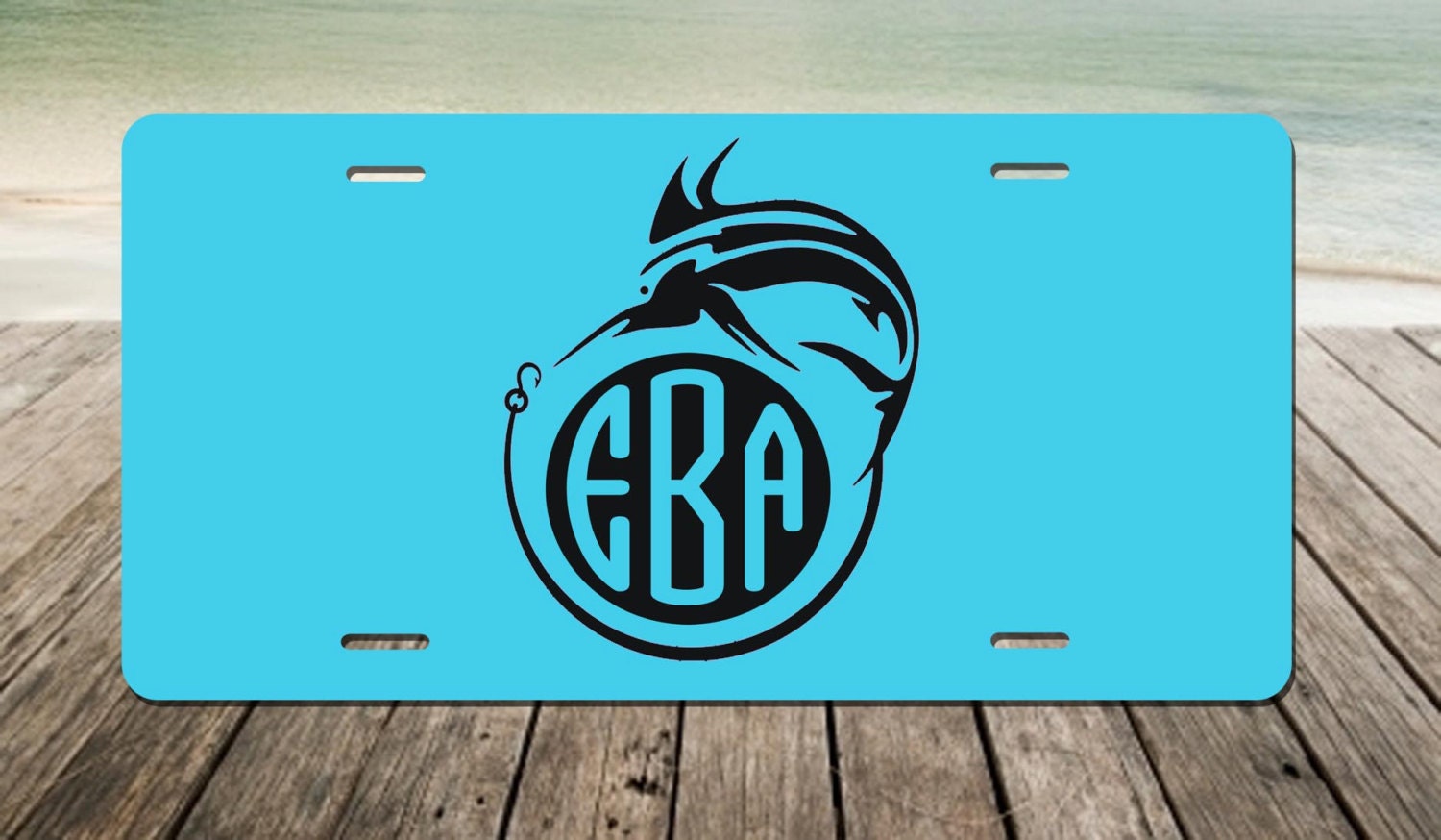 Custom License Plate. Fish and Hook License Plate. Monogram