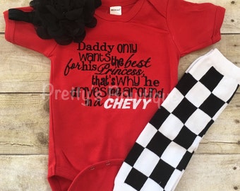 Racing Baby Girl Outfit – Bodysuit/Romper/TShirt, Legwarmers and Flower Headband – Daddy only wants the best for his princess