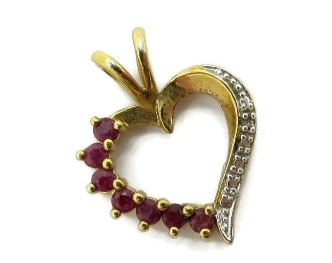 ON SALE Ruby and Diamond Heart Pendant, Vintage Gold Plated Silver with Gold Plated Cobra Chain