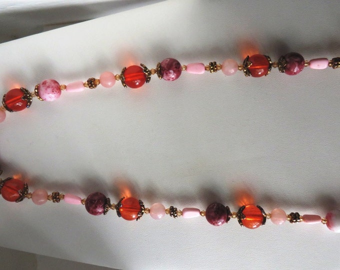 Pink Lucite Necklace, Confetti Necklace, Vintage Long Beaded Necklace, Pink and Coral Necklace, Long Necklace