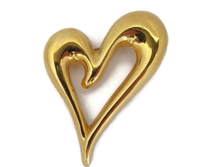 Monet Heart Brooch, Vintage Gold Tone Abstract Heart Pin Designer Signed Costume Jewelry Gift Idea