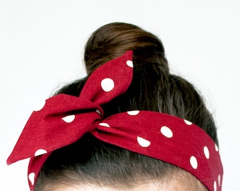 Red Dolly Bow Hair Wrap. 50s Style Twist Scarf. Red Polka Dot Wire Headband. Rosie The Riveter Headband. Cherry Red Polka Dot Twist Scarf.
