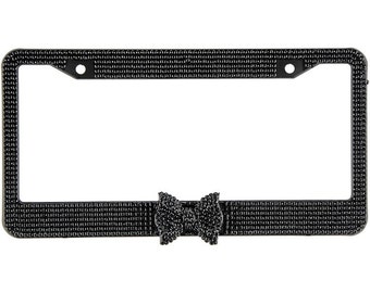 7 Rows of Black Crystal Diamond Rhinestone Bling License Plate Frame with Center Black Bow Matching cap covers
