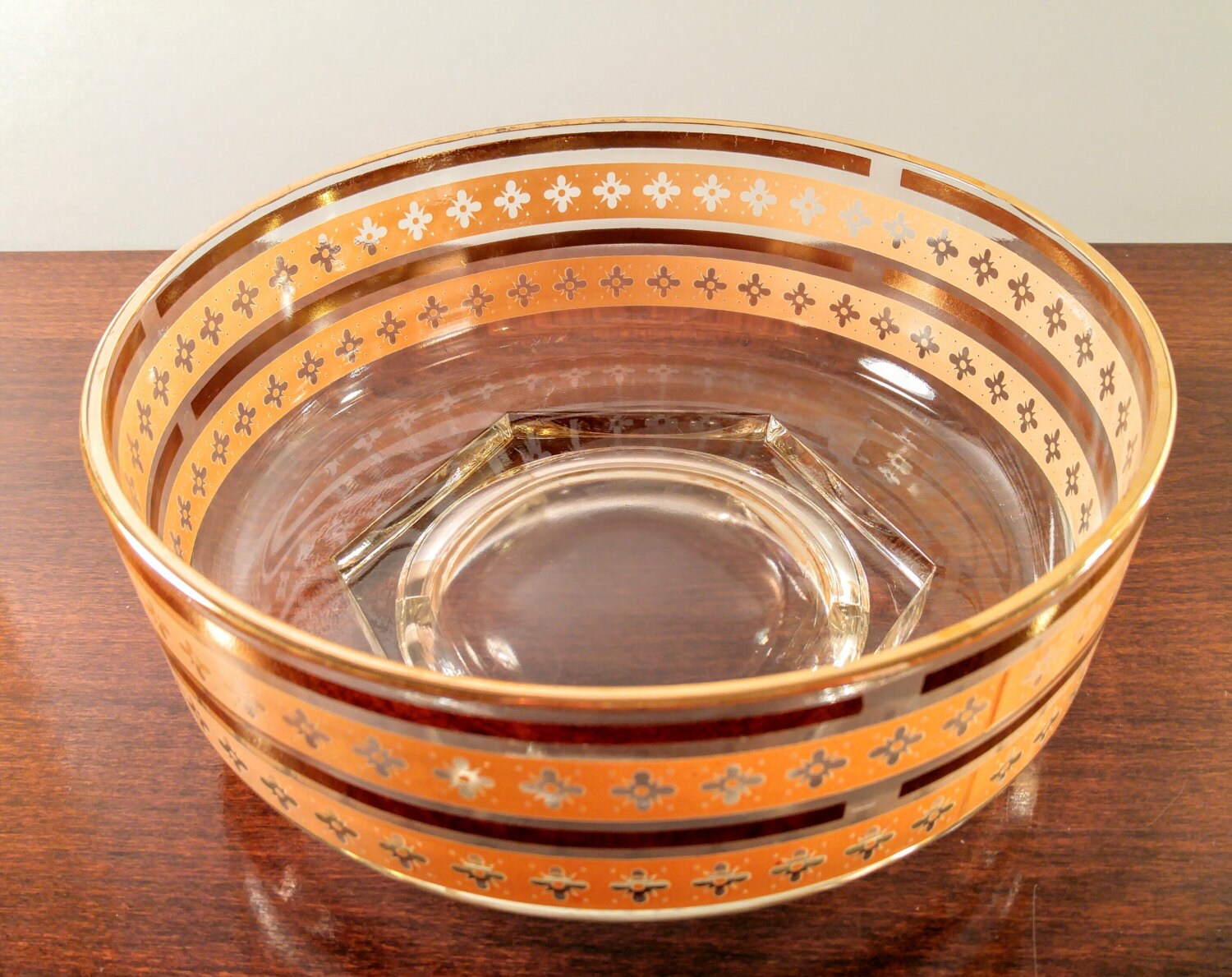 Mid Century Modern Glass Serving Bowl with Peach Stripes