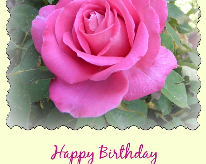 PINK ROSE BIRTHDAY Greeting Card, Handmade with digital Text on Cream Background, Blank Inside Photo Stationary, Coordinating Envelope