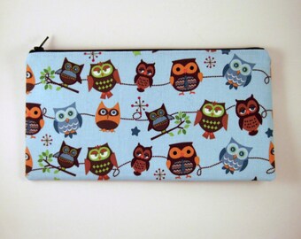 Blue Owl Zipper Pouch, Pencil Pouch, Make Up Bag, Gadget Bag